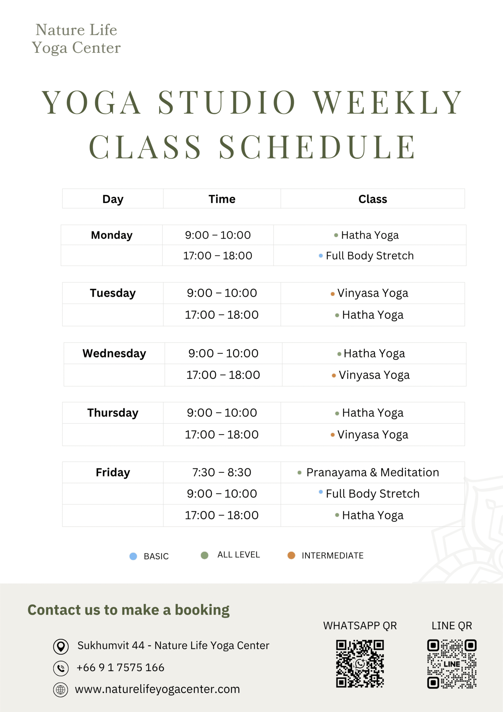 NLYC Yoga Class Schedule April 2026